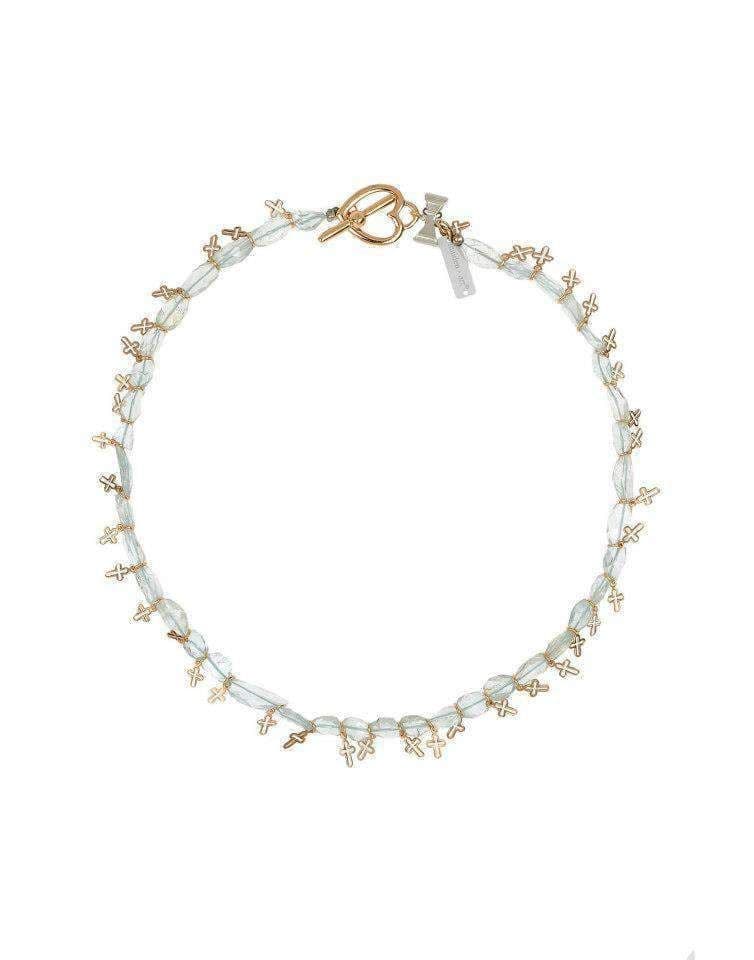 image-Aquamarine Stones and Rose Gold Necklace with Charms.