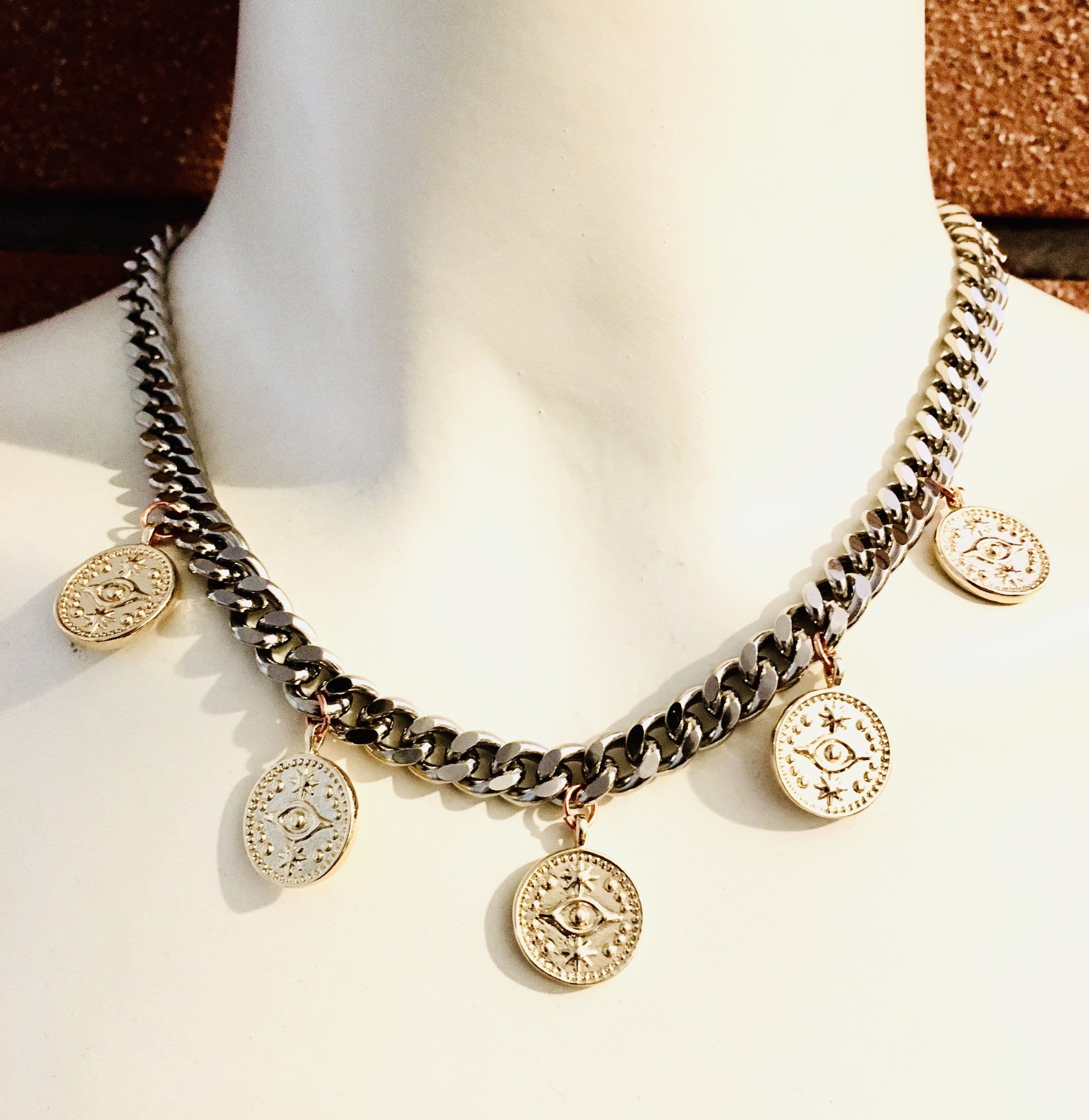 image-Evil Eye Coins Necklace in Gold and Silver.