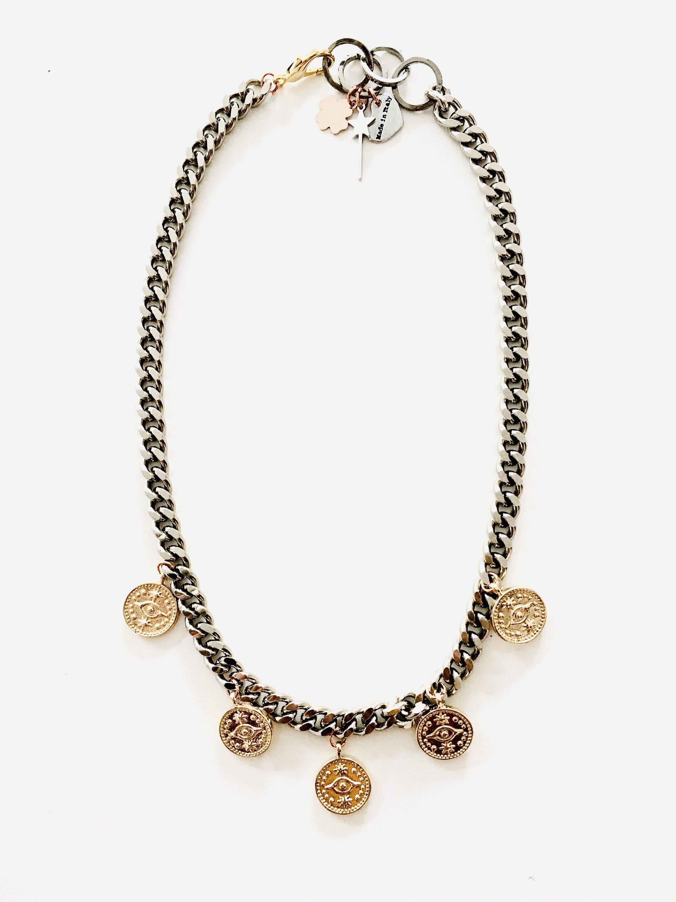 image-Evil Eye Coins Necklace in Gold and Silver.