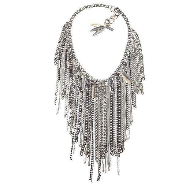 image-Chain fringe necklace with antique silver ad brass chains, studs,