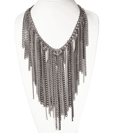 image-Chain fringe necklace with antique silver ad brass chains, studs,