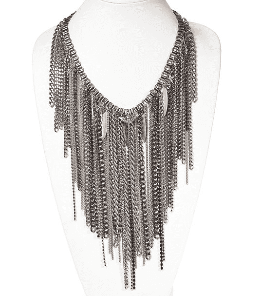 image-Chain fringe necklace with antique silver ad brass chains, studs,