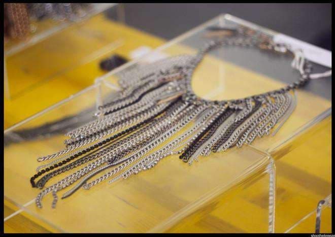 image-Chain fringe necklace with antique silver ad brass chains, studs,