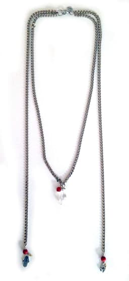 image-Valentine's Day necklace in silver, coral and hamsa.