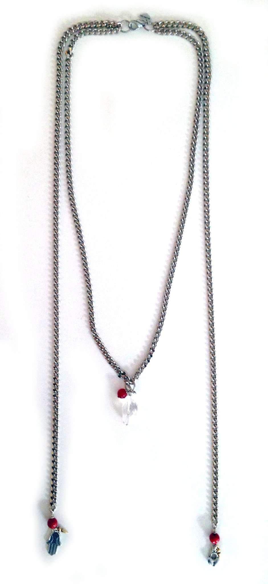 image-Valentine's Day necklace in silver, coral and hamsa.