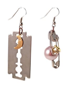 image-Silver razor blade, silver safety pins, pearls and crystals Earrings.