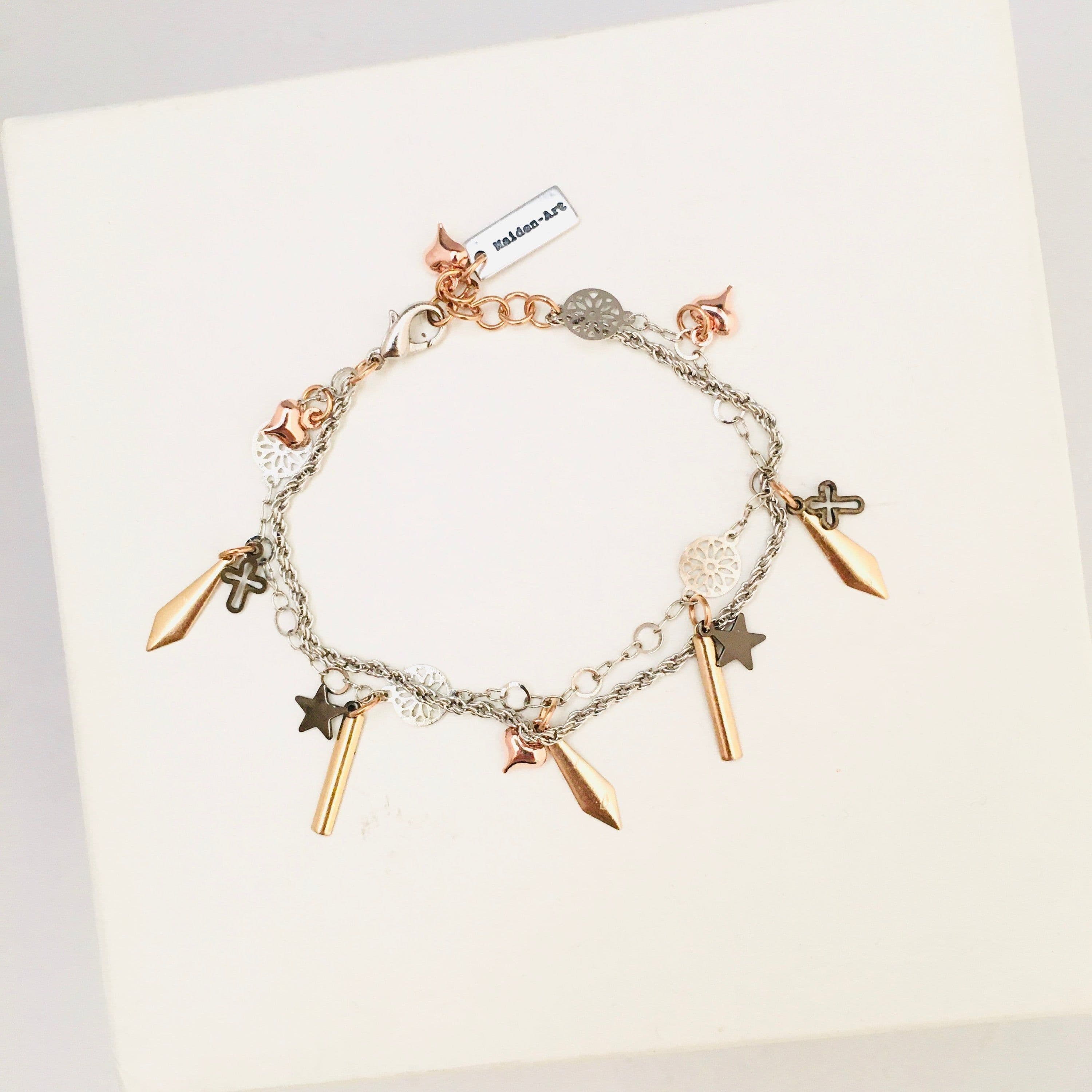 image-Gold Spikes Bracelet with Black Star, Bronze Crosses and Rose Gold