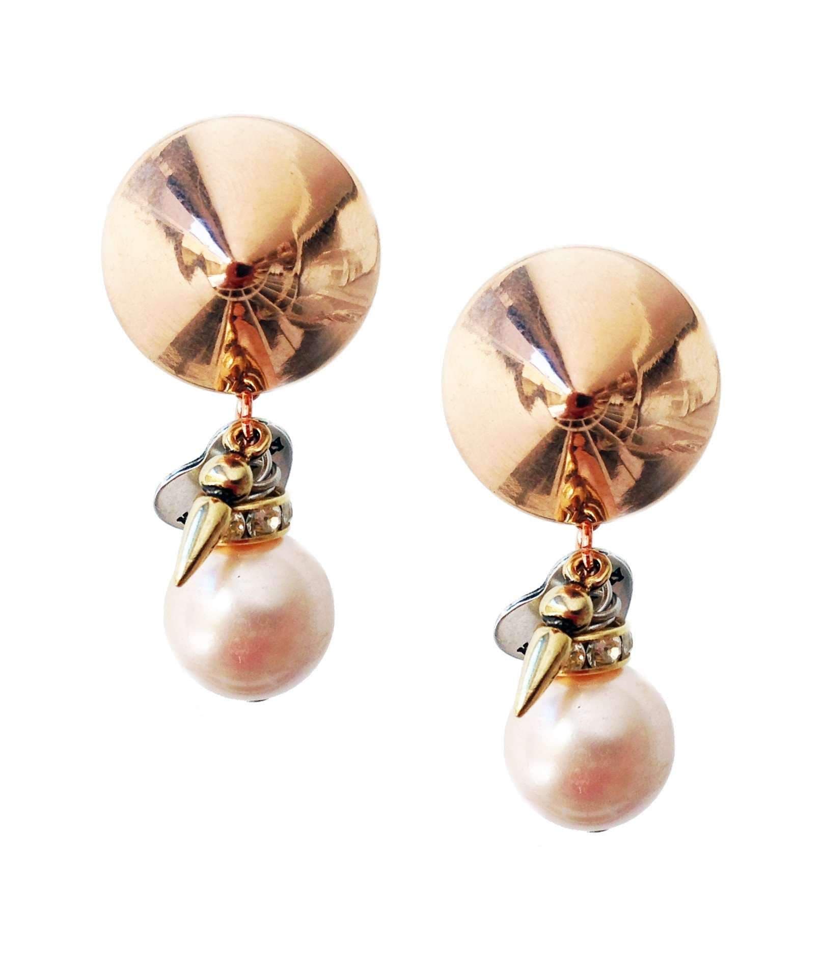 image-Clip on earrings with light rose pearls, rhinestones, brass and