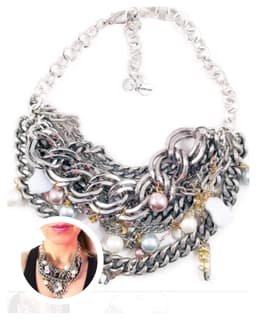 image-Silver statement necklace with calcedony, pearls and charms. Perfect