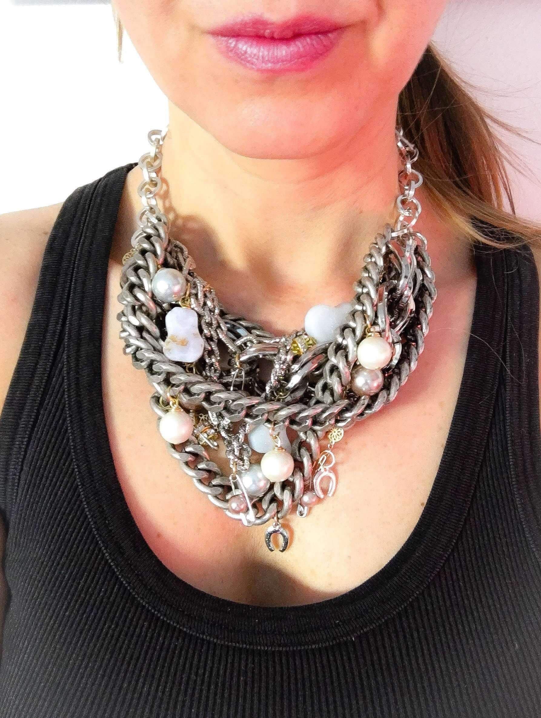 image-Silver statement necklace with calcedony, pearls and charms. Perfect