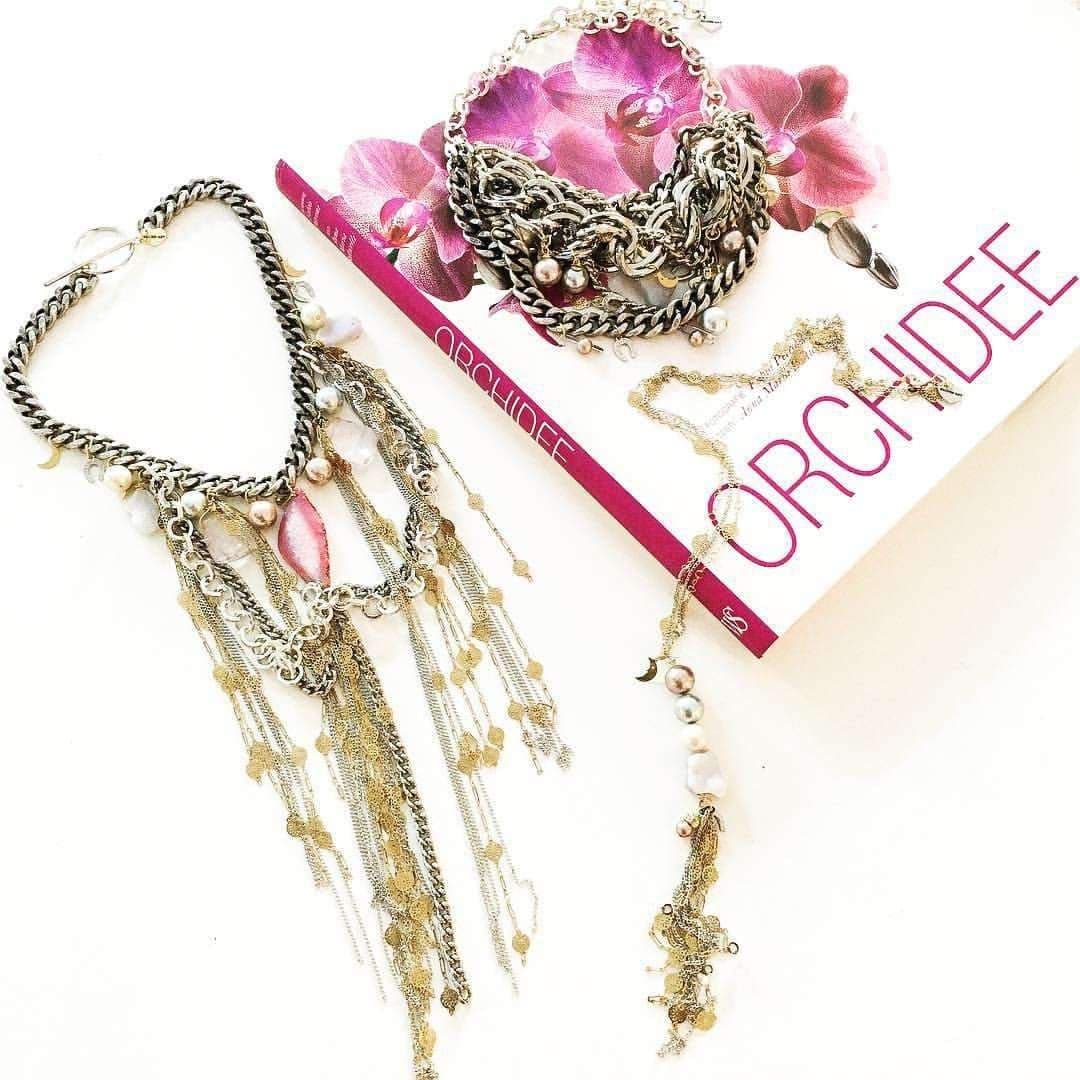 image-Silver statement necklace with calcedony, pearls and charms. Perfect