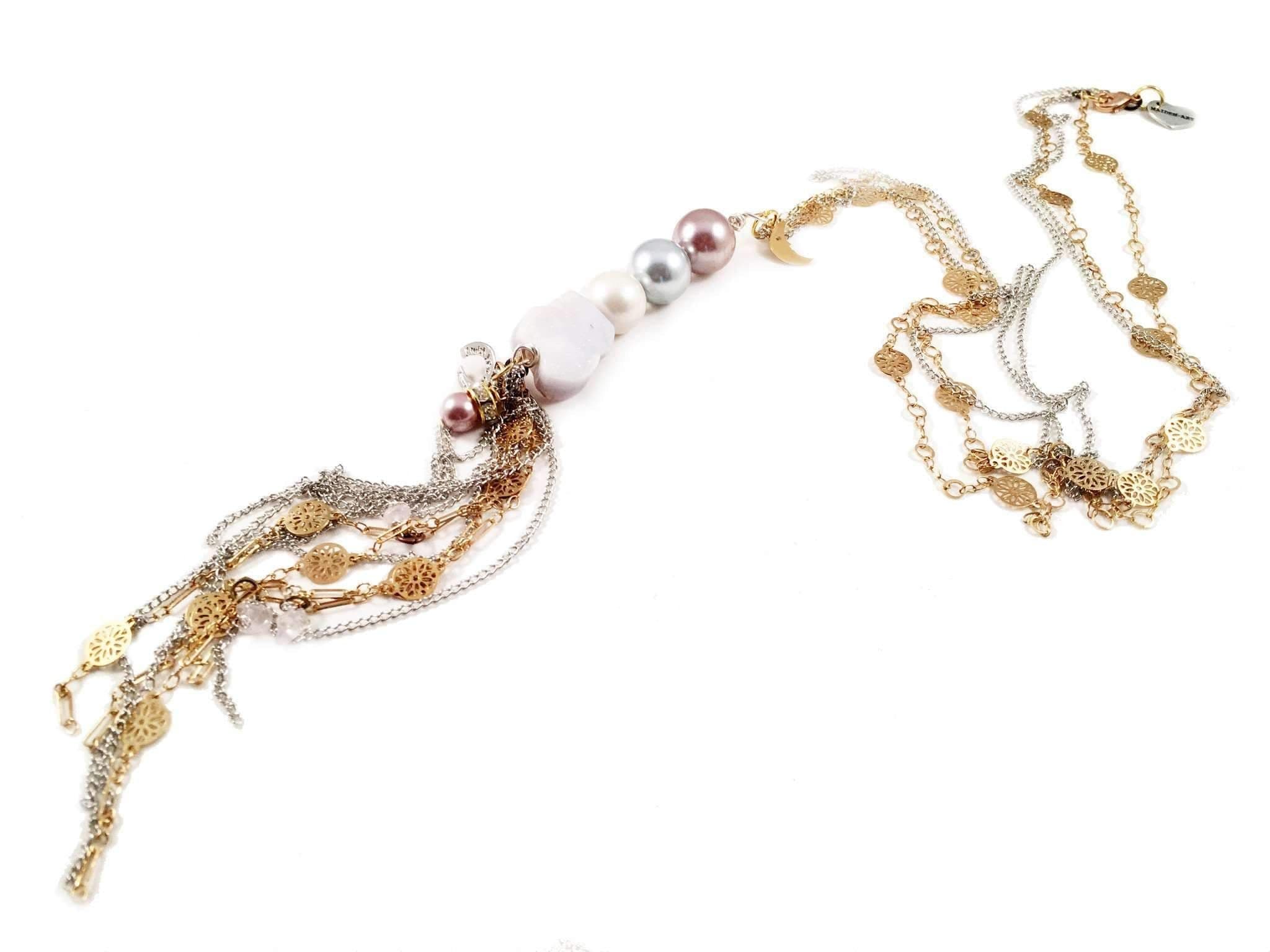 image-Calcedony and pearls long 18kt gold plated lariat necklace. Perfect