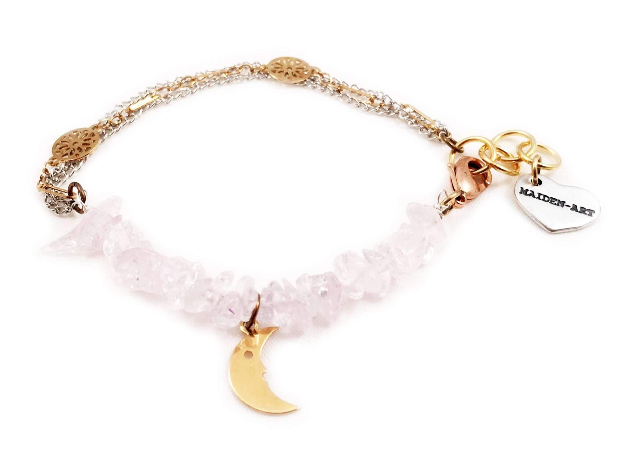 image-Rose quartz and moon charm bracelet. Perfect for parties, summer time