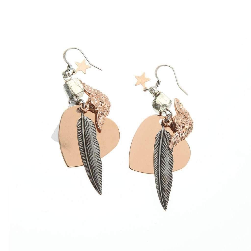 image-Rose Gold and Silver Heart , Feather, Angel Charms Earrings
