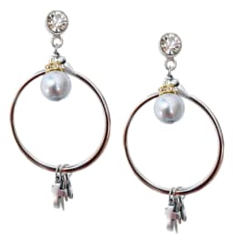 image-Gold dangle and drop earrings with light blue pearls, rhinestones,