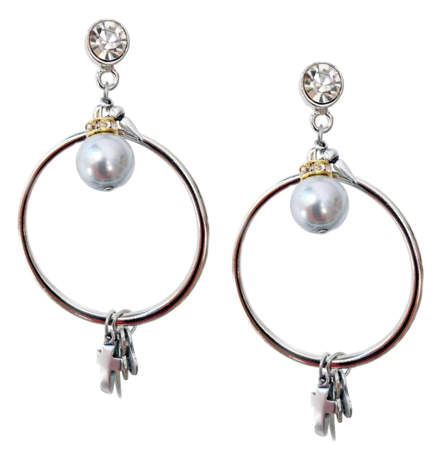 image-Gold dangle and drop earrings with light blue pearls, rhinestones,