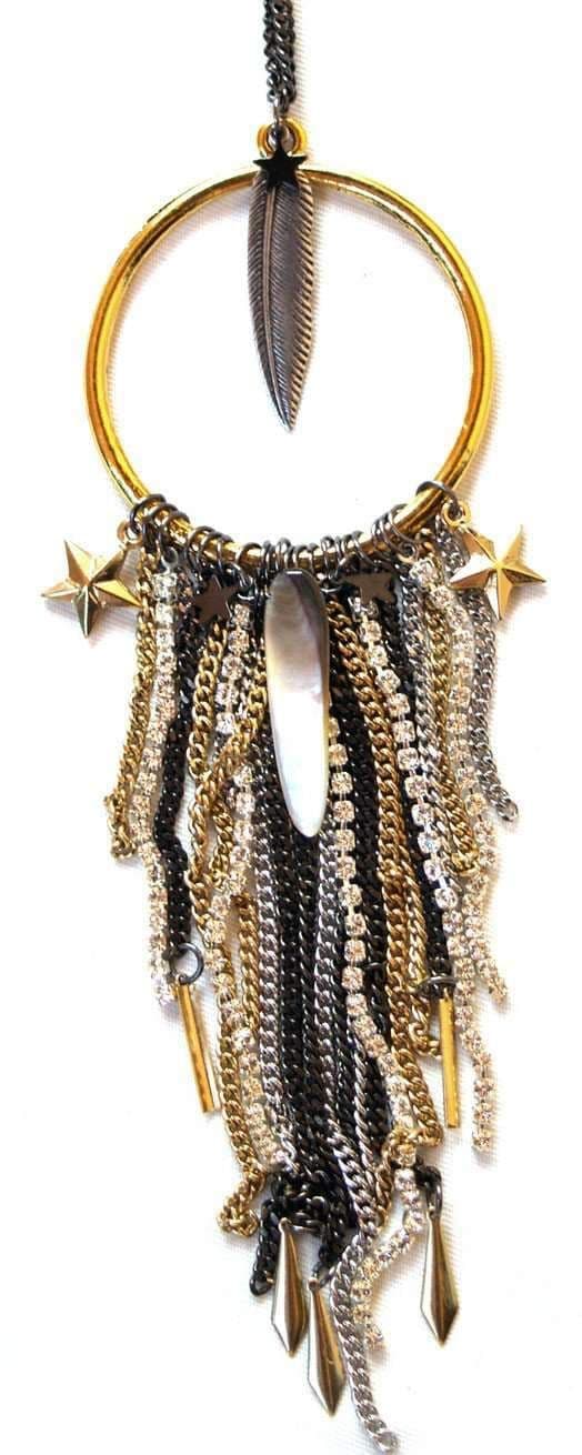 image-Moondrops Necklace with mother of pearl, brass and Swarovski Crystals.