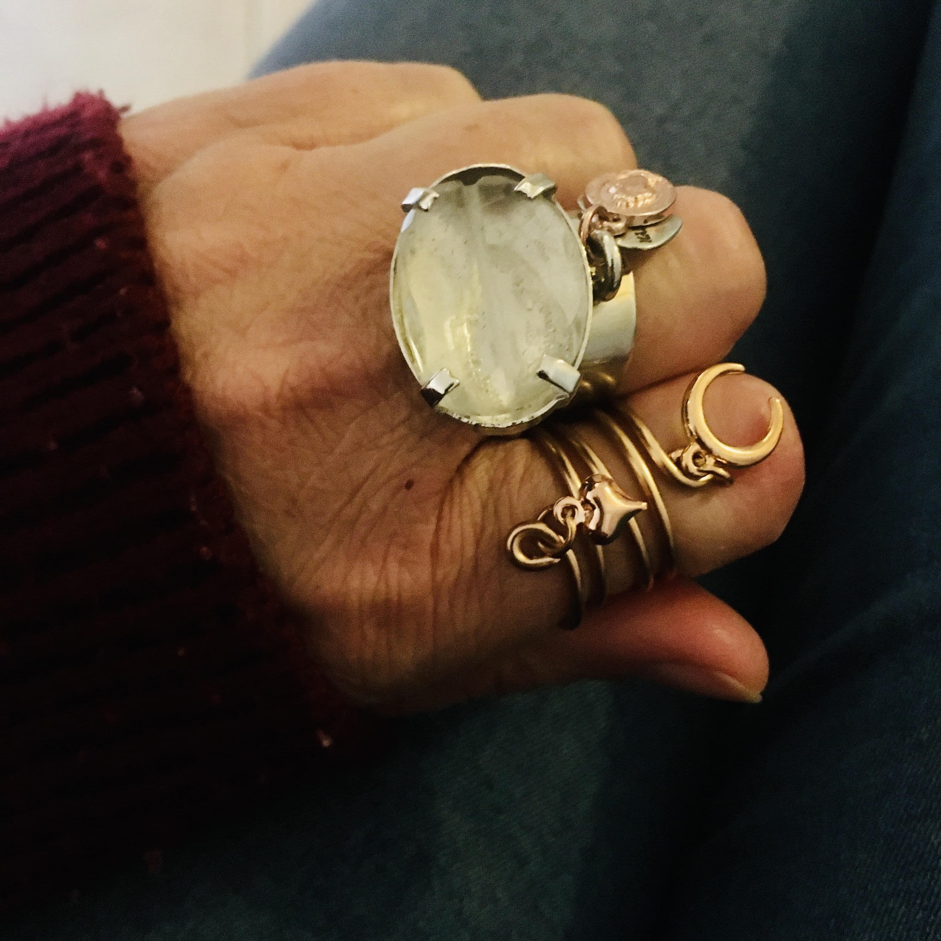 image-Crescent Moon and Heart Middle Ring. Middle Finger Ring.