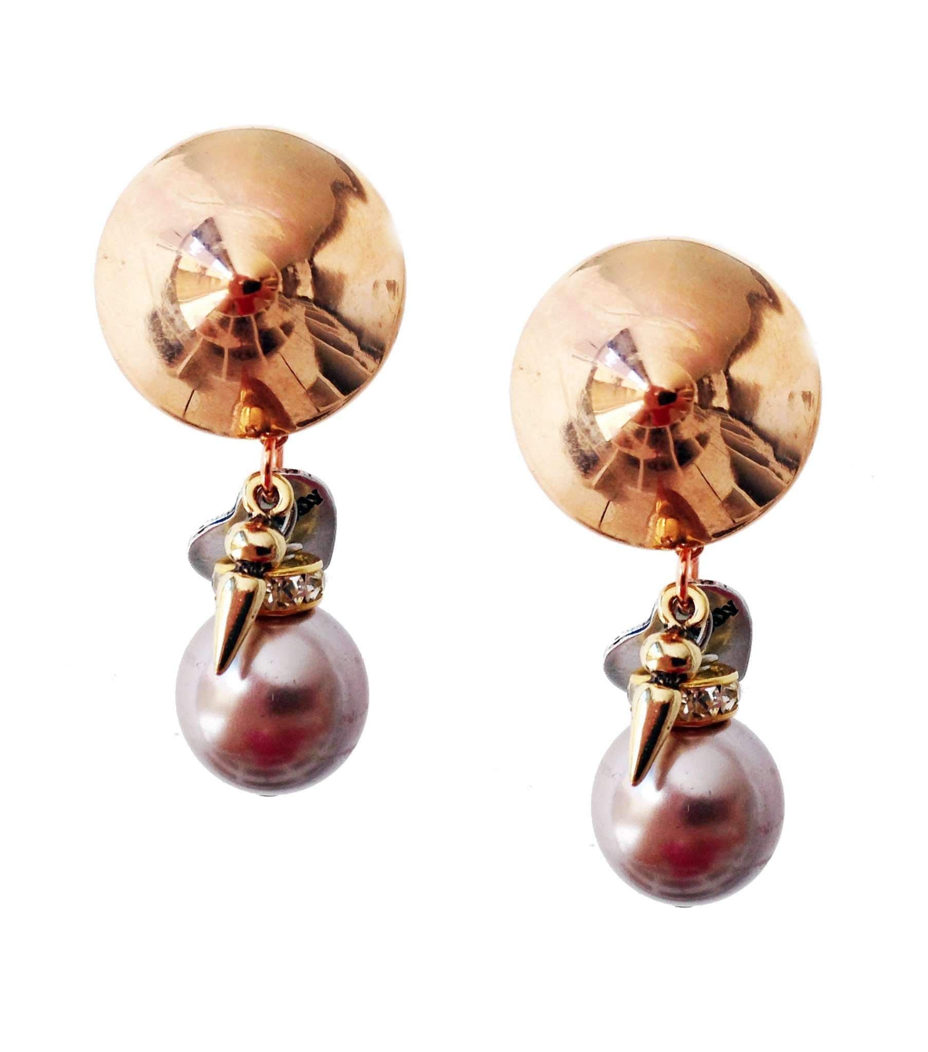 image-Clip on earrings with vintage rose pearls, rhinestones, brass and