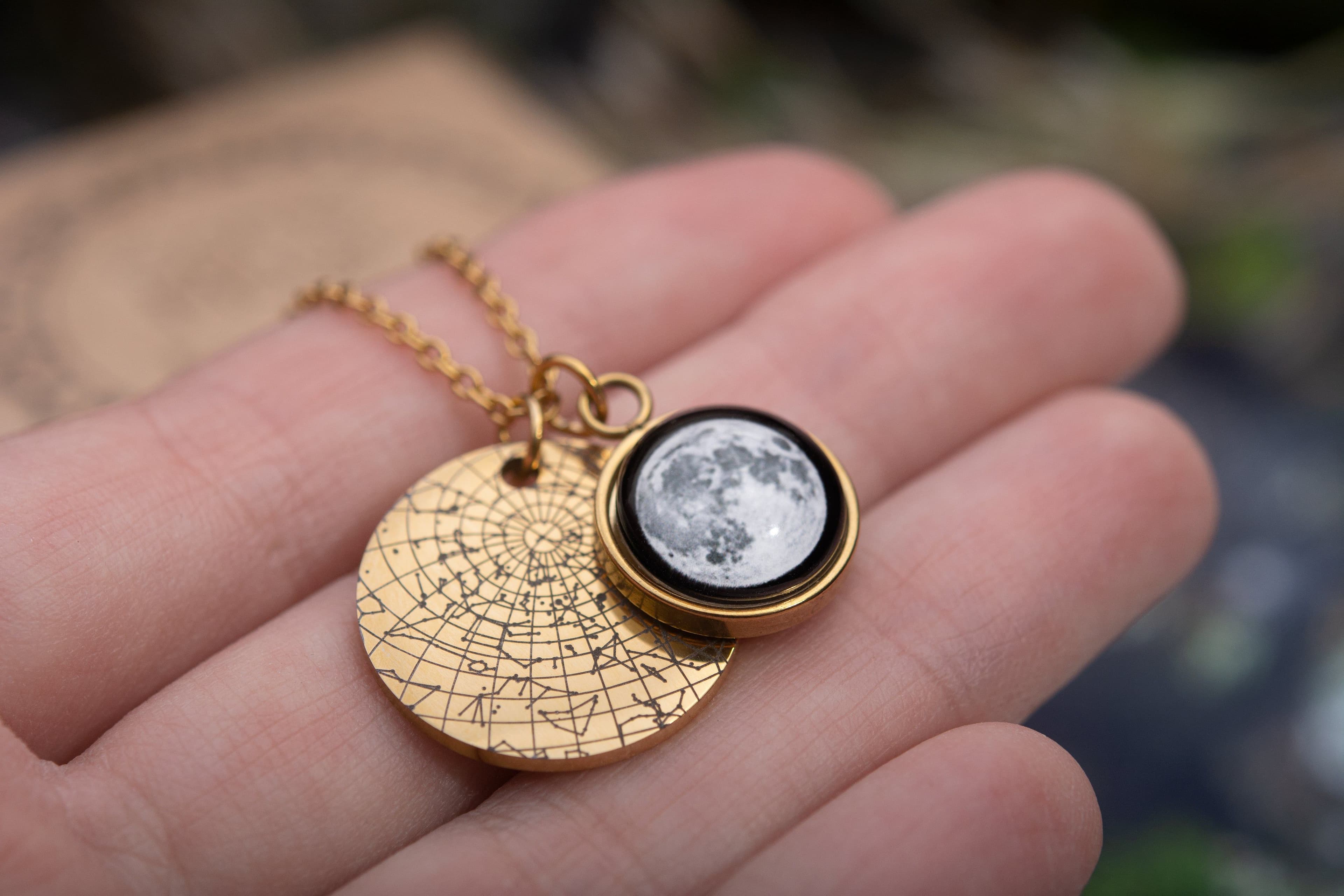 image-Personalized Star Map + Moon Phase Necklace, Star Map By Date