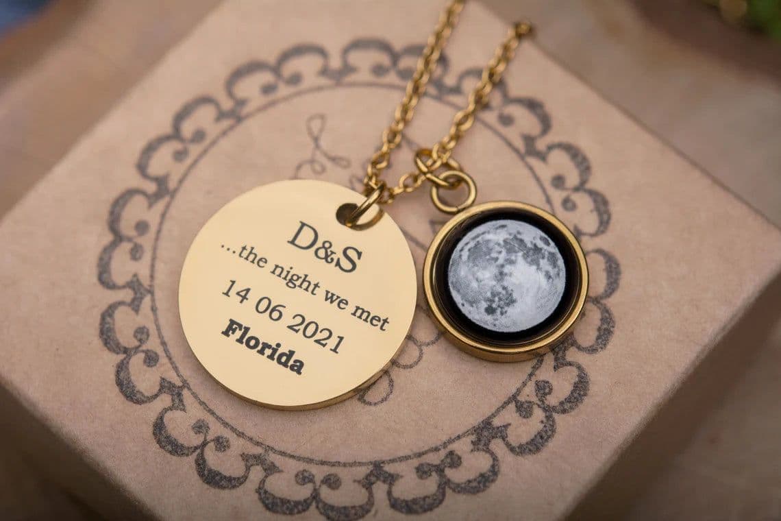 image-Personalized Star Map + Moon Phase Necklace, Star Map By Date
