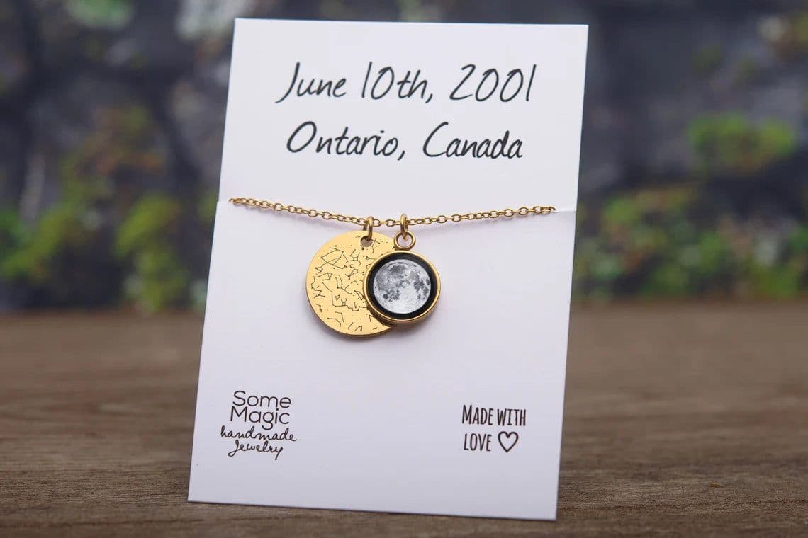 image-Personalized Star Map + Moon Phase Necklace, Star Map By Date