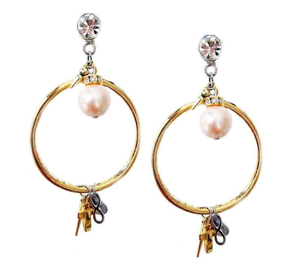 image-Gold dangle and drop earrings with light rose pearls, rhinestones,
