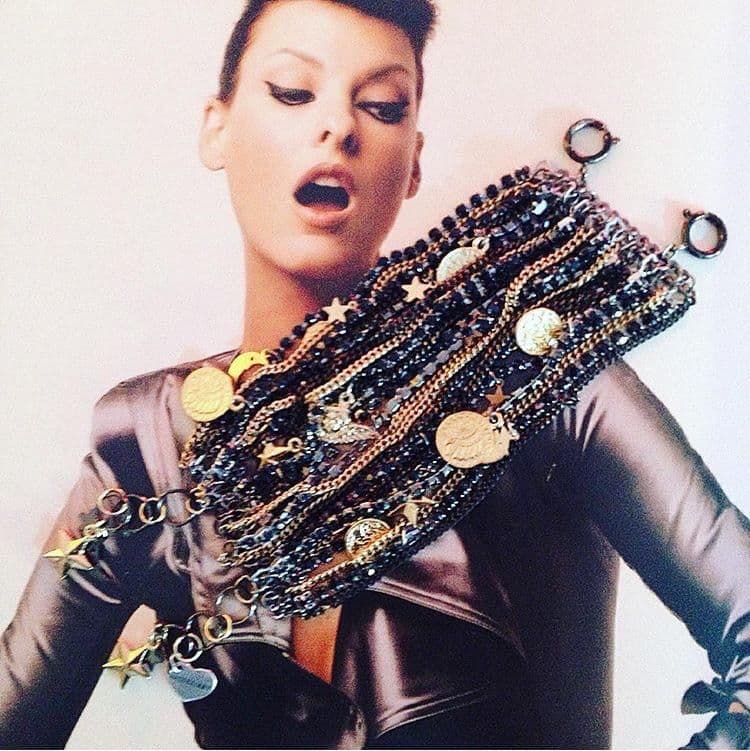image-Black Ematite Jet Crystals Cuff Bracelet with 18kt Gold Plated Charms.