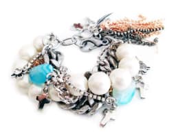 image-Cuff bracelet with blue agate stones, crosses, Swarovski crystals and