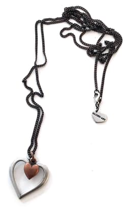 image-Double heart long necklace in brass and silver. Perfect for valentines