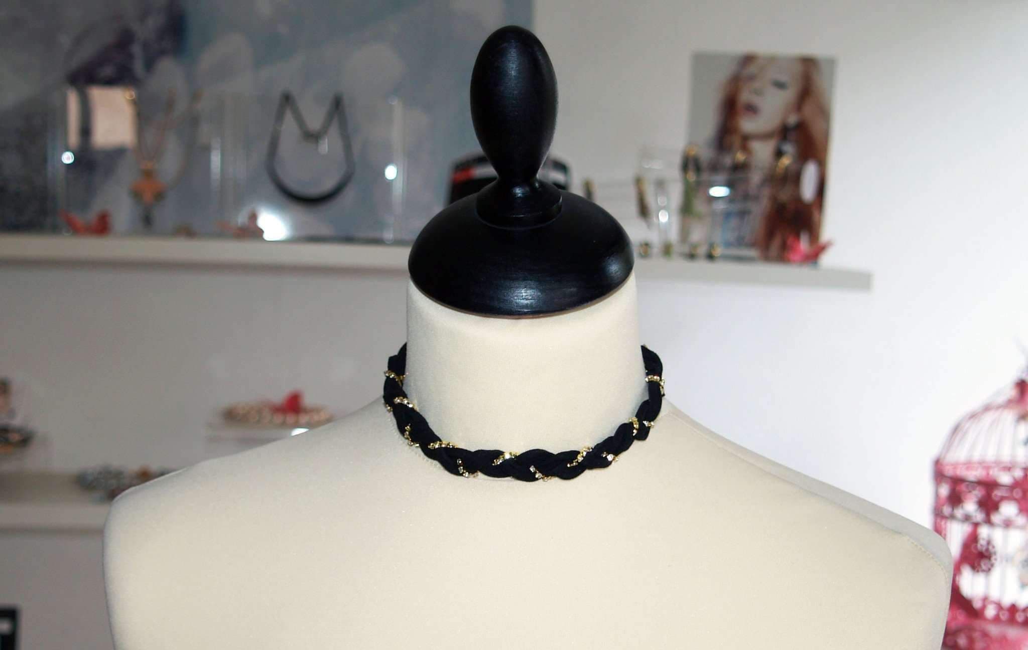 image-Black Braided Suede Crystal Choker. Braided Vegan Suede with 18K Gold