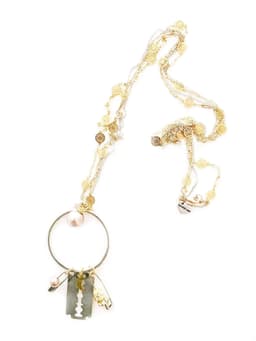 image-Silver razor blade. safety pins, crystals and pearls lariat necklace.