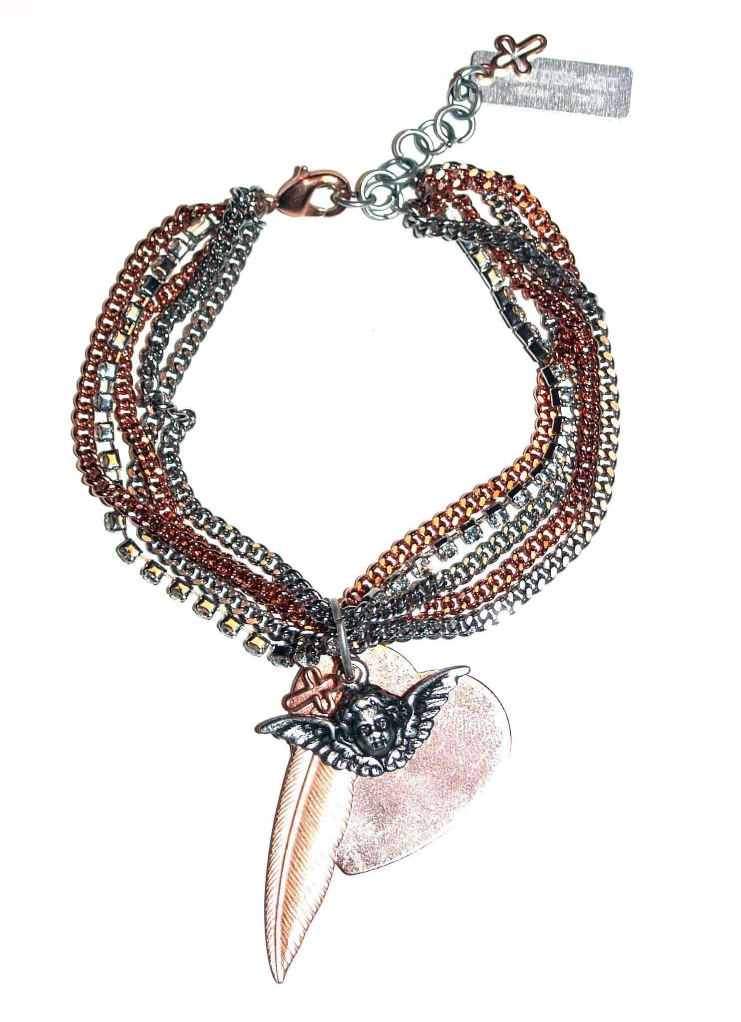 image-Swarovski Crystals, Feather, Heart and Angel Charms Bracelet in Rose