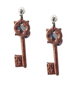 image-Key stud earrings in brass and bronze. perfect for valentines day,