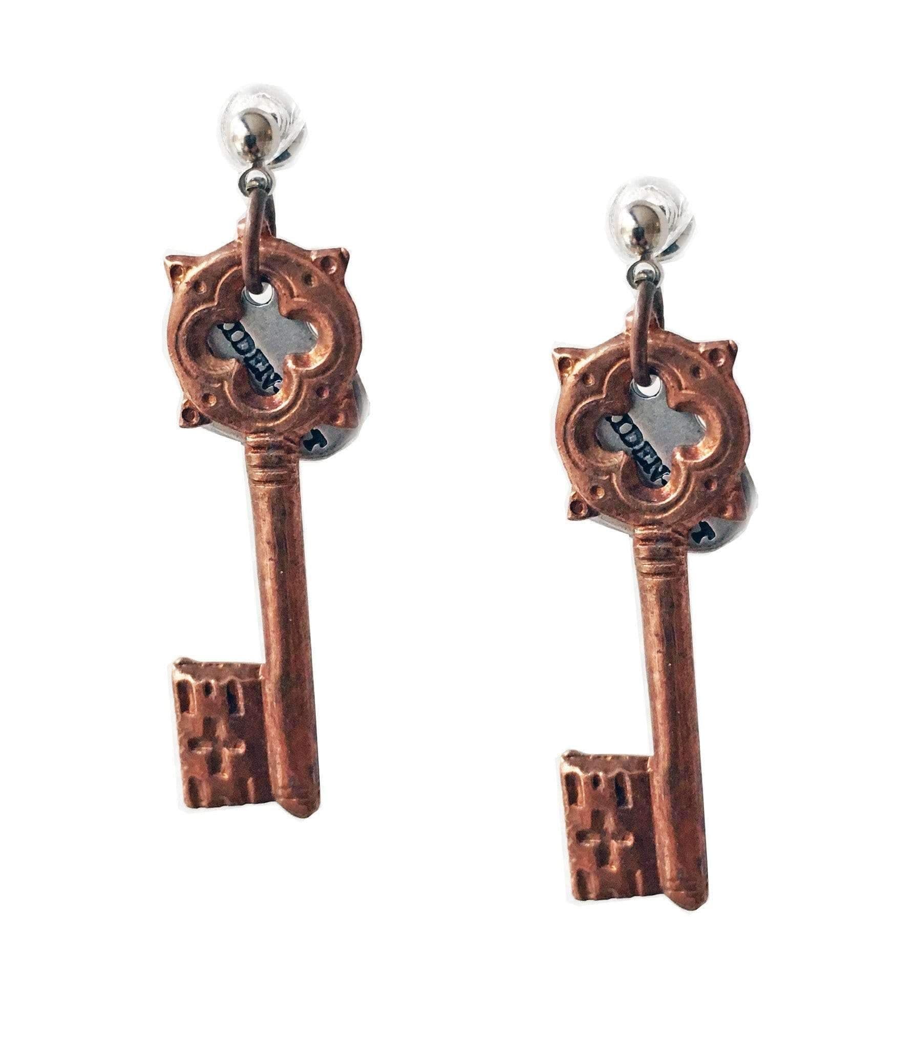 image-Key stud earrings in brass and bronze. perfect for valentines day,