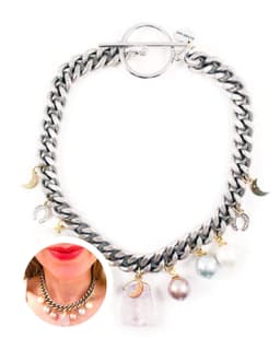image-Rose quartz statement choker with pearls and charms. Perfect for