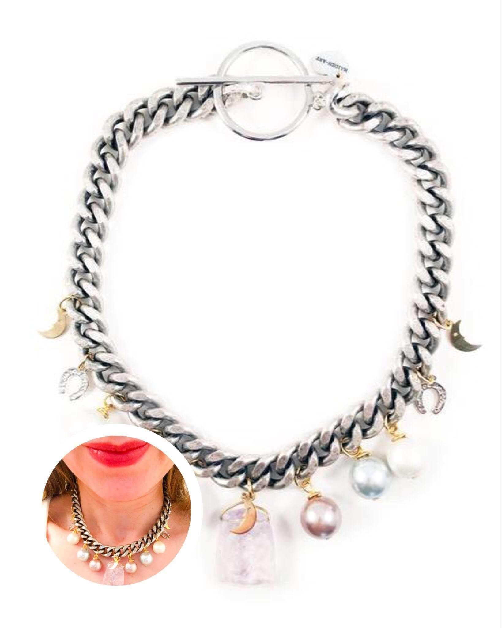 image-Rose quartz statement choker with pearls and charms. Perfect for