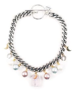 image-Rose quartz statement choker with pearls and charms. Perfect for