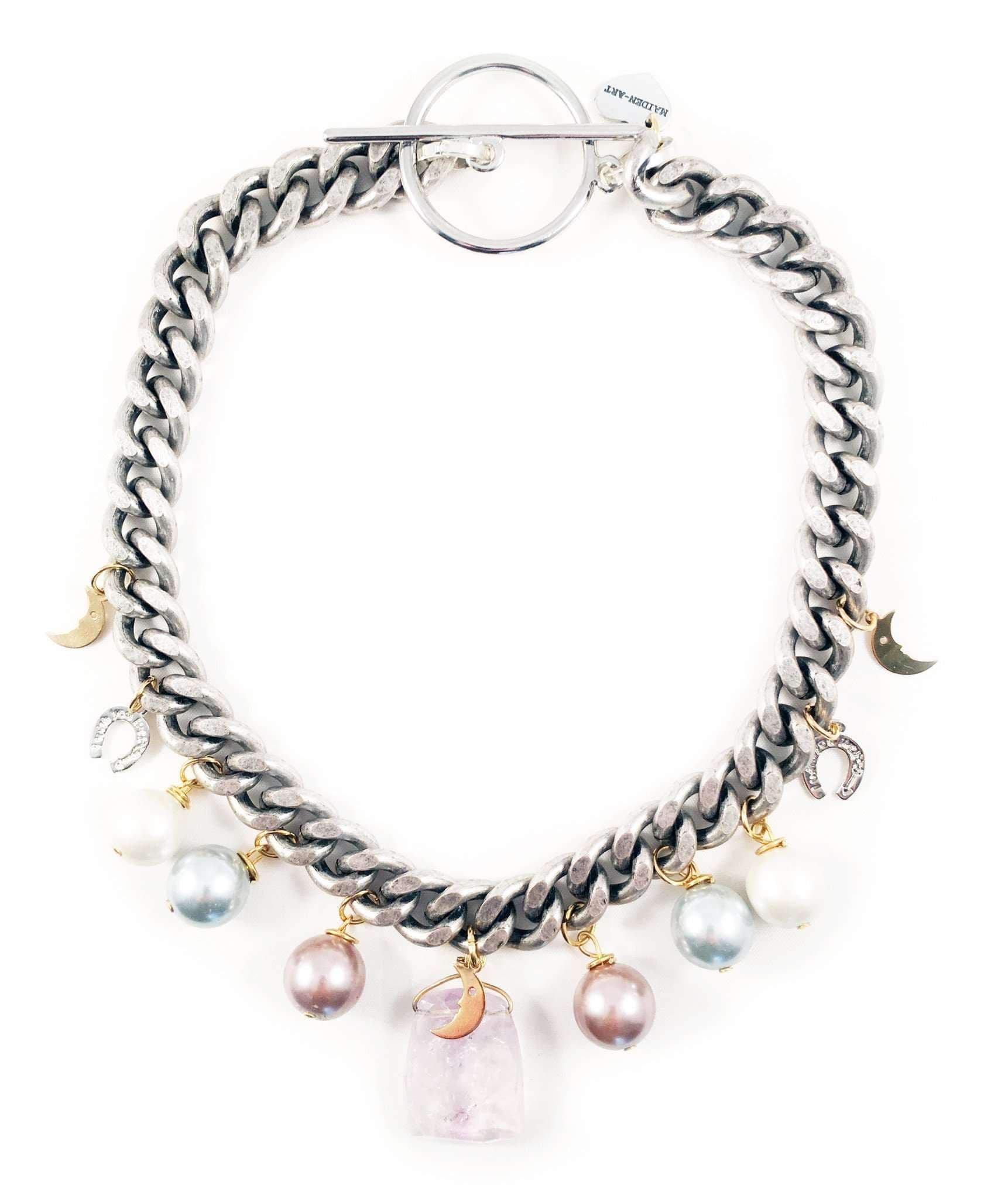 image-Rose quartz statement choker with pearls and charms. Perfect for