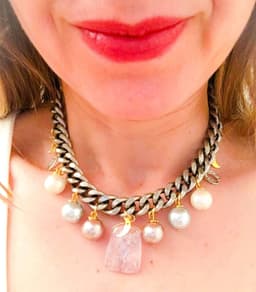 image-Rose quartz statement choker with pearls and charms. Perfect for