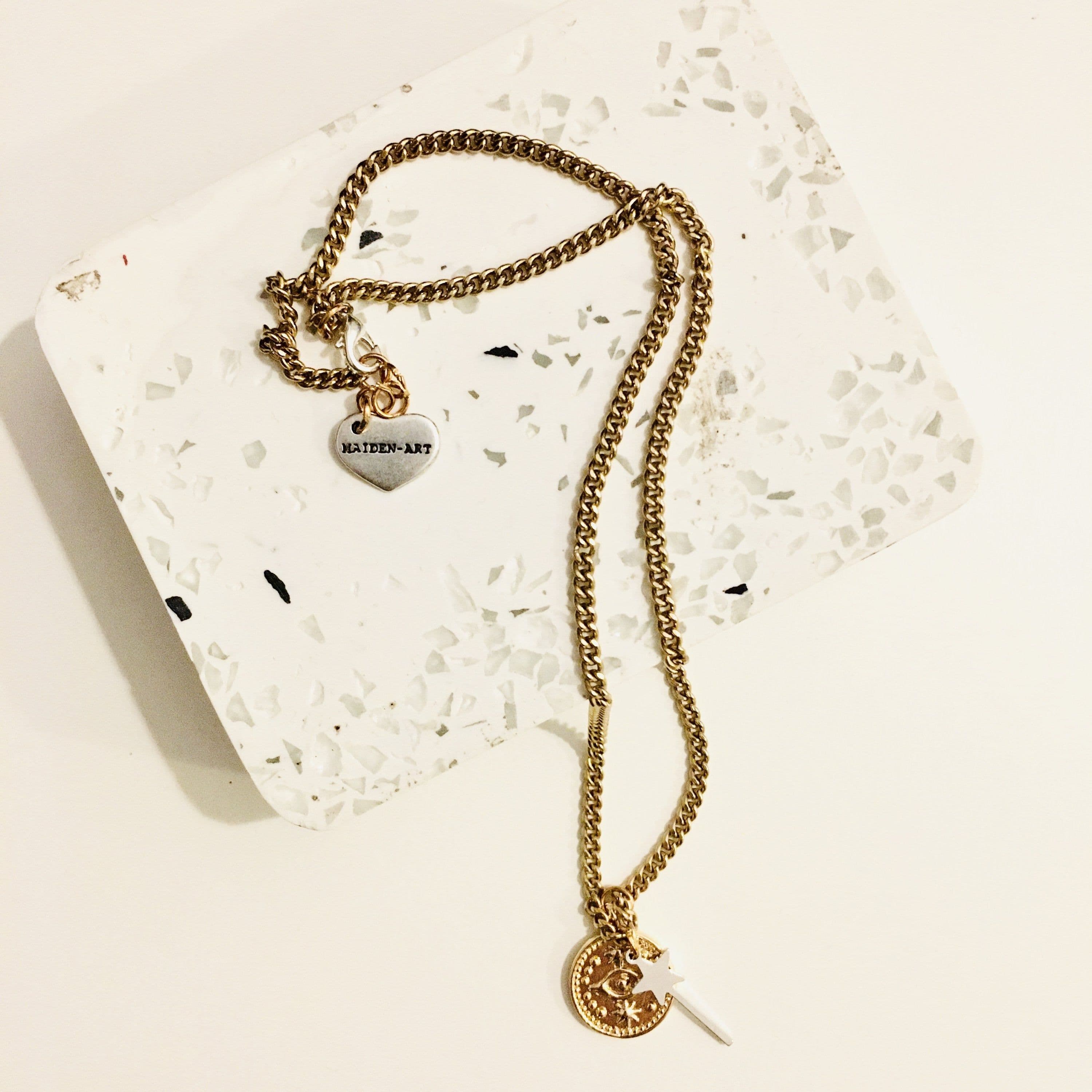 image-Gold Evil Eye Coin Necklace and Magic Wand Charm