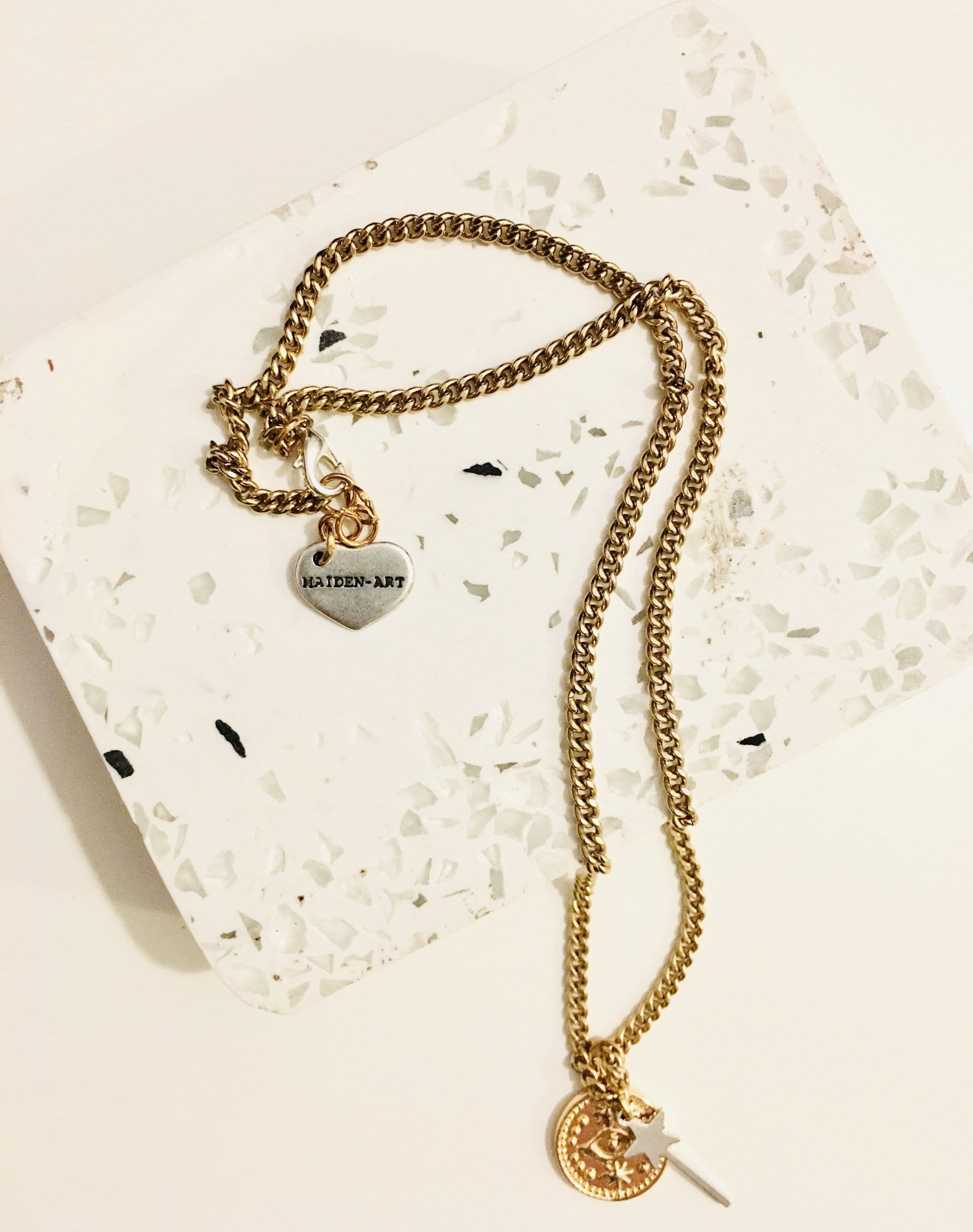 image-Gold Evil Eye Coin Necklace and Magic Wand Charm