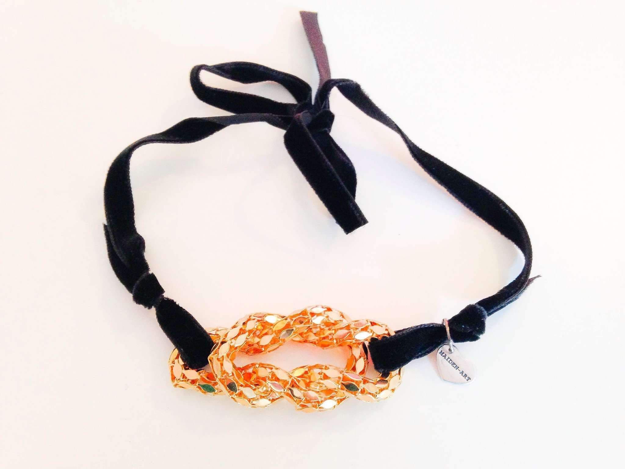 image-18kt Gold Plated Knot and Black Velvet Choker necklace. Self-Tie Black