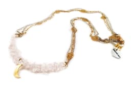 image-Rose Quartz and 18kt Gold Plated Choker Necklace with Moon Charm.