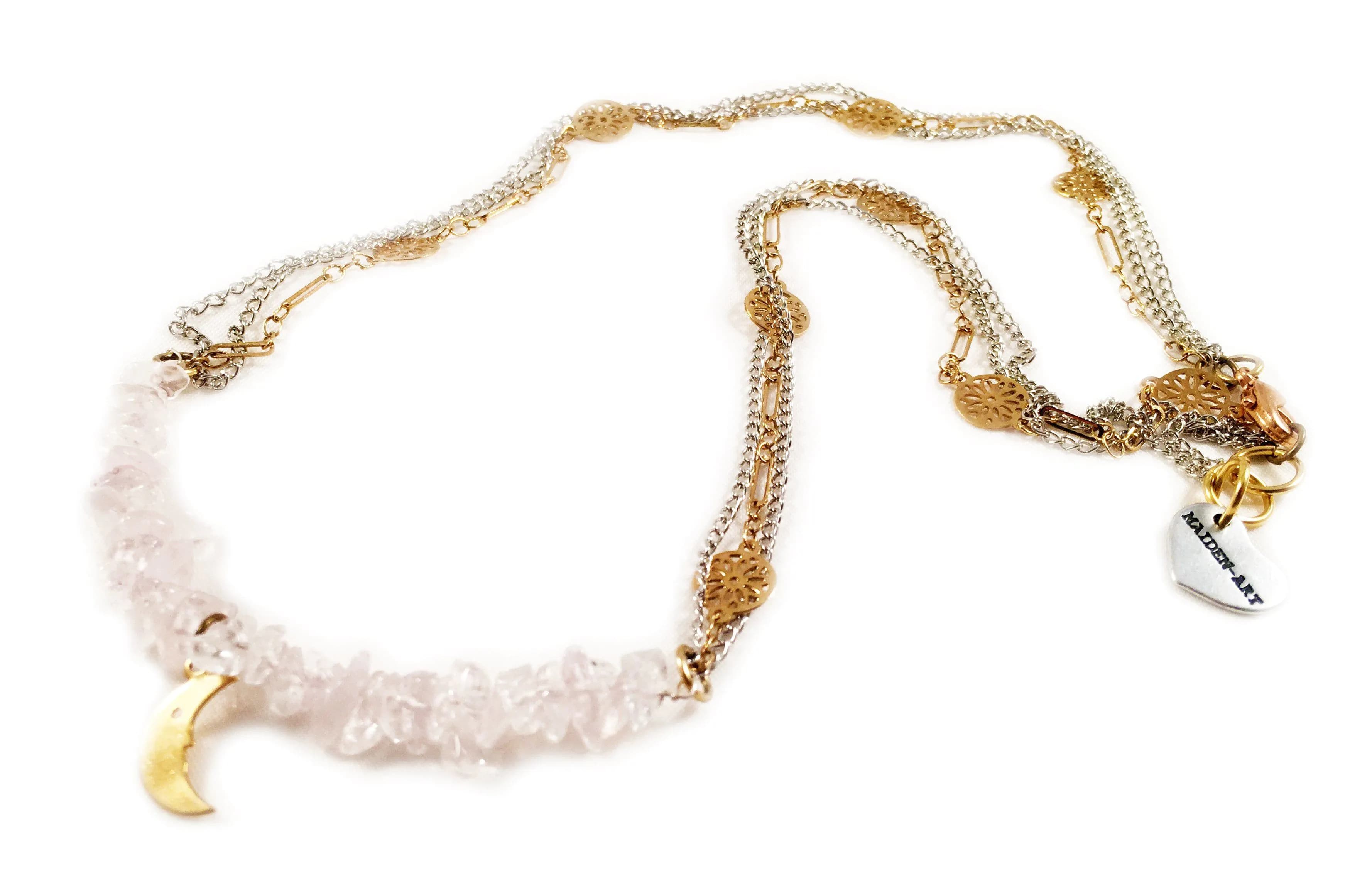 image-Rose Quartz and 18kt Gold Plated Choker Necklace with Moon Charm.