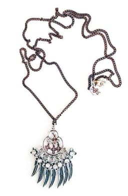 image-Lariat and Y necklace with feathers, crosses, crystals and charms.