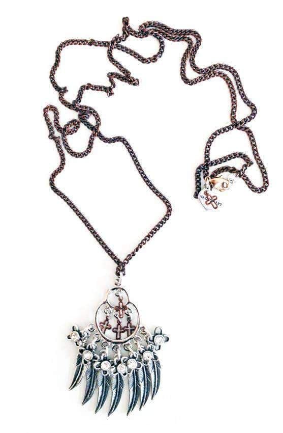 image-Lariat and Y necklace with feathers, crosses, crystals and charms.