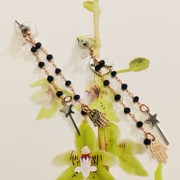 image-Rosary Earrings with Magic Wand and Hamsa Charms