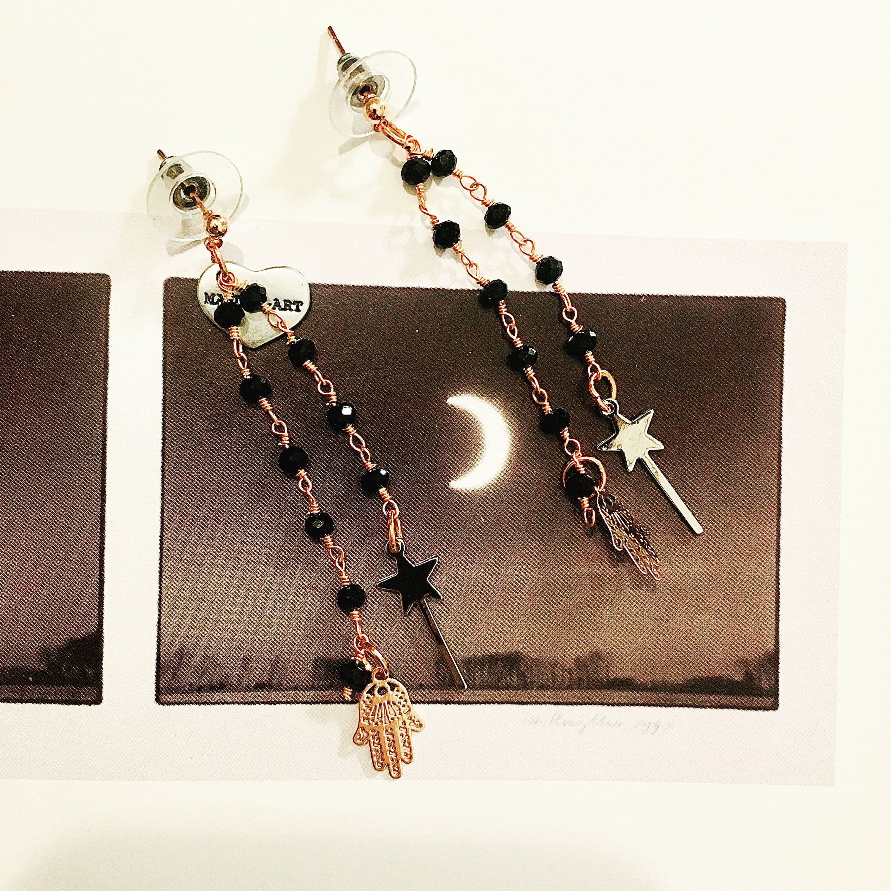 image-Rosary Earrings with Magic Wand and Hamsa Charms