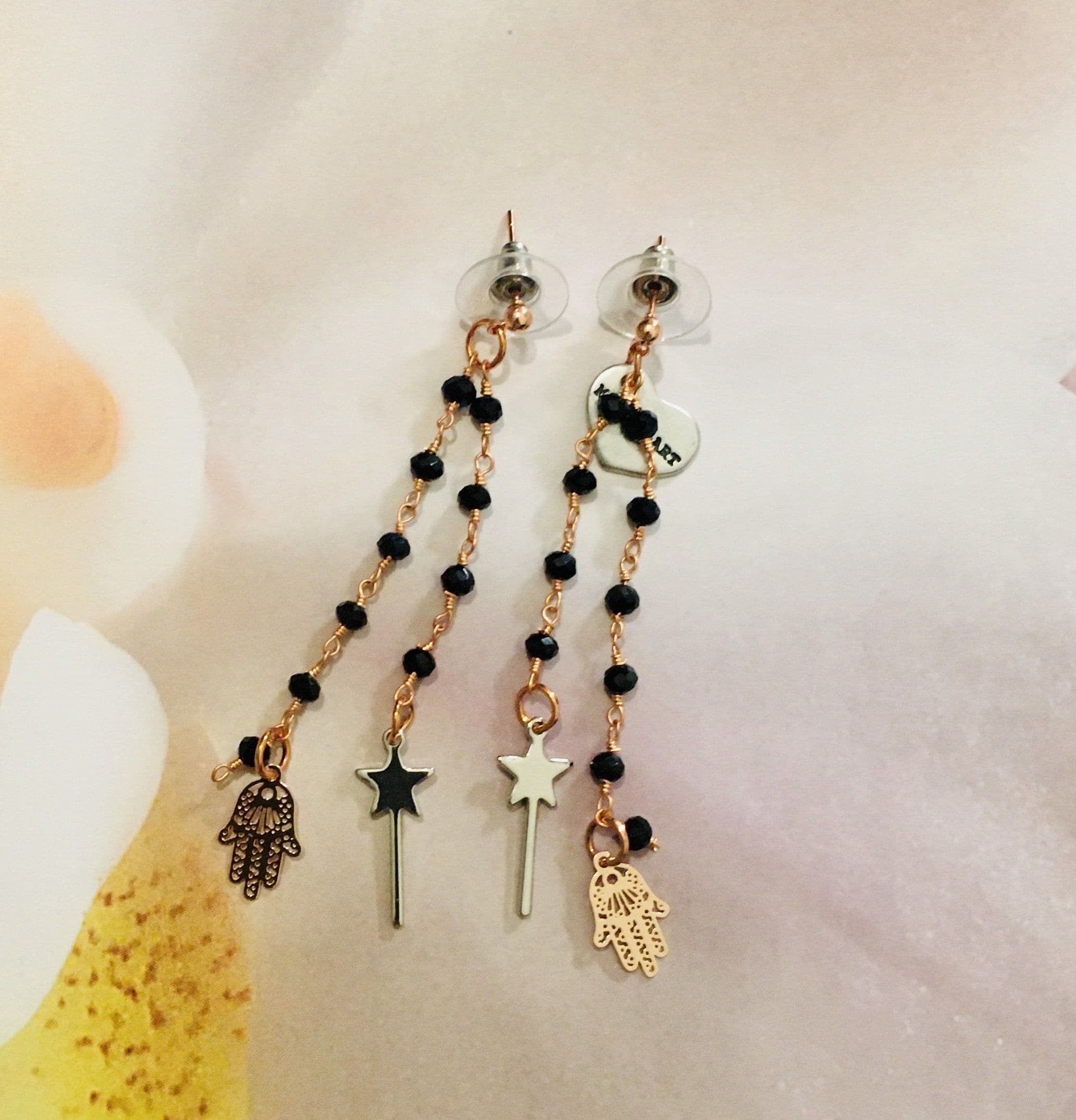 image-Rosary Earrings with Magic Wand and Hamsa Charms